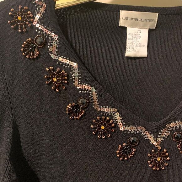 Laura Petites beaded pullover sweater, sz large, EUC, black body, bronze… - Picture 2 of 15